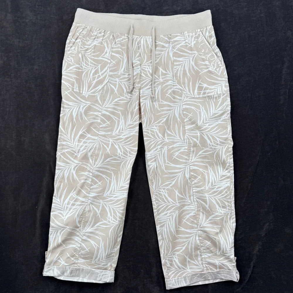 Palm Rio Womens 1X Tropical Palm Leaf Print Cropped Capri Pants Beige White - Picture 1 of 11